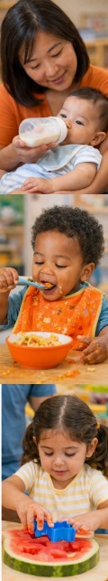 Examples of good feeding practices: a child care provider holds an infant as it bottle feeds, a toddler feeds himself messily, and a preschooler cuts a watermelon with a fruit cutter.